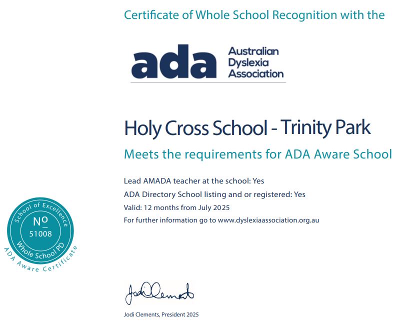 ADA Dyslexia Aware School Certificate – Holy Cross School